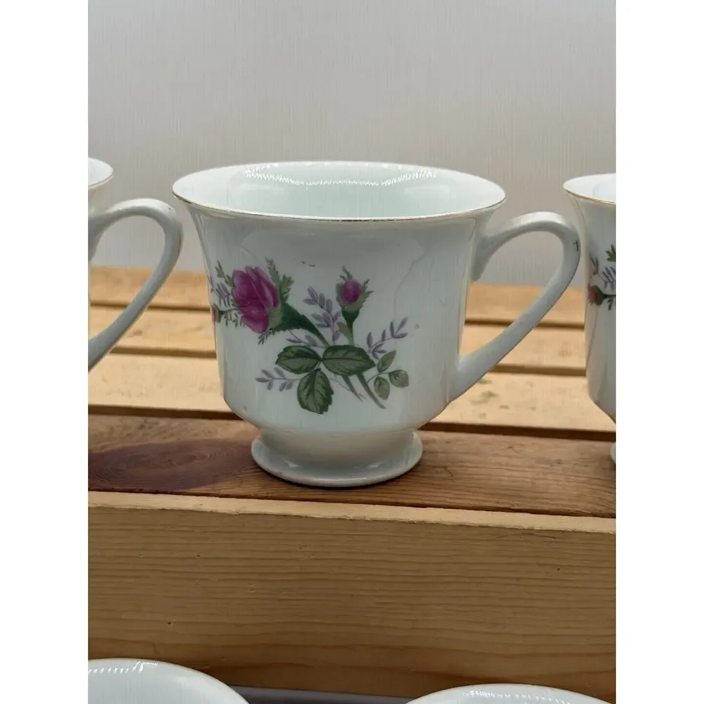 Vintage Pink Rose Porcelain Teacups with Gold Trim – Set of 5